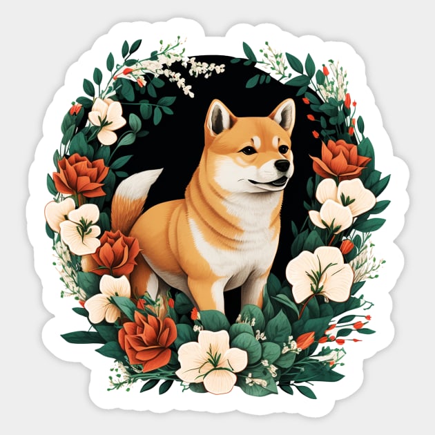 Shiba Inu Dog, Rose, Floral Ornament Sticker by logiamerch